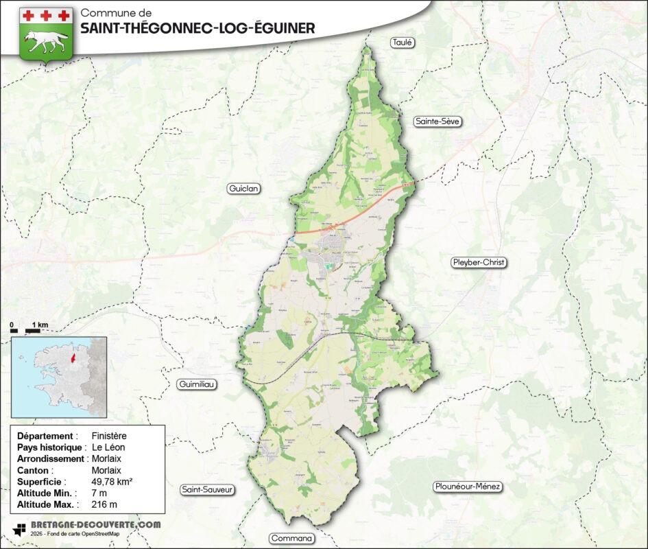 Carte de la commune de Saint-Thégonnec-Loc-Éguiner dans le Finistère.