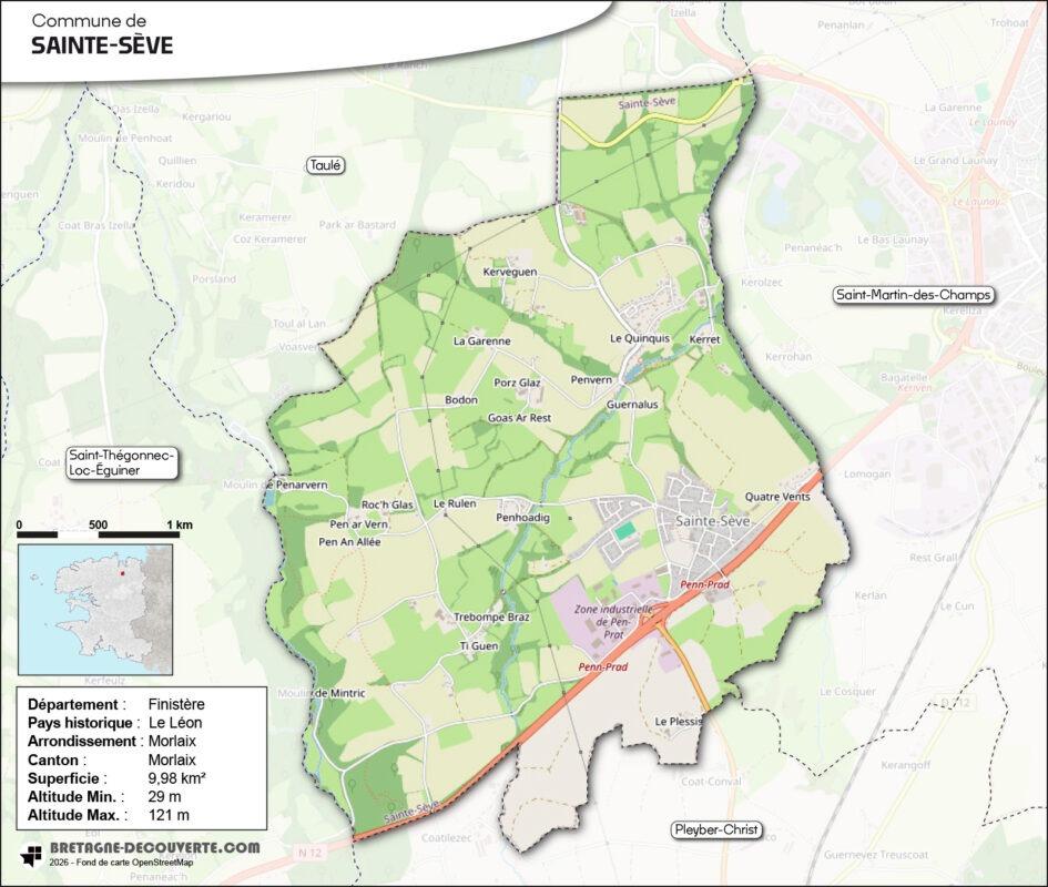Carte de la commune de Sainte-Sève dans le Finistère.
