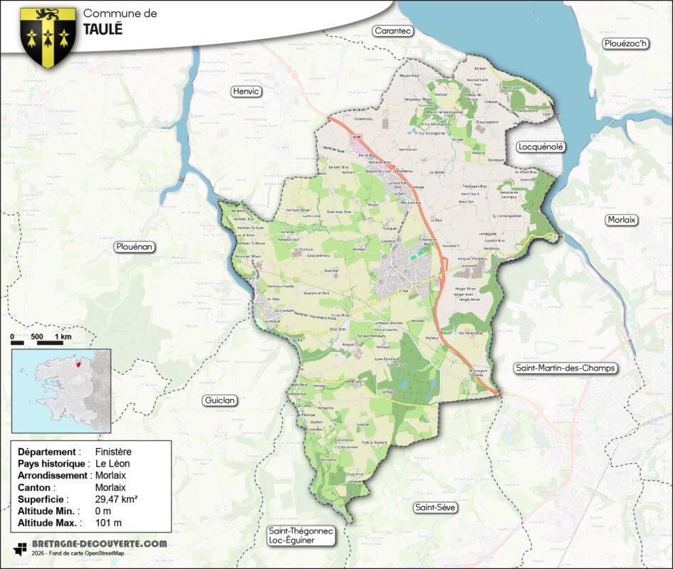 Carte de la commune de Taulé dans le Finistère.