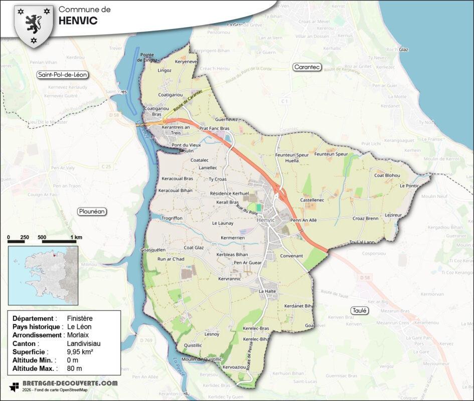 Carte de la commune de Henvic dans le Finistère.
