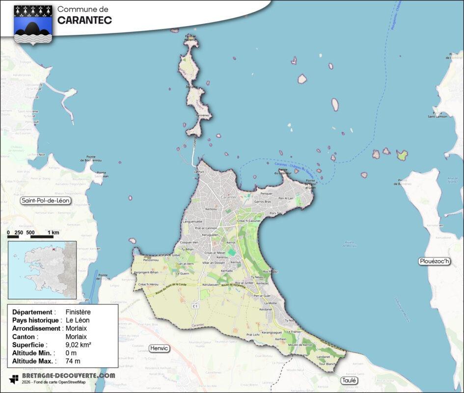 Carte de la commune de Carantec dans le Finistère.