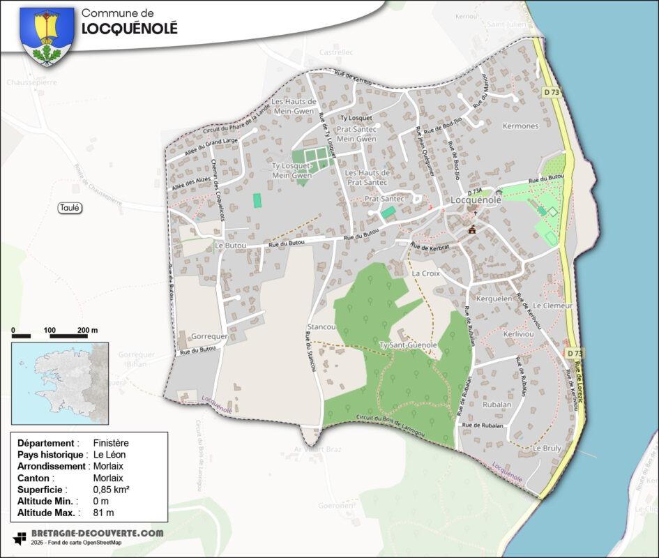 Carte de la commune de Locquénolé dans le Finistère.