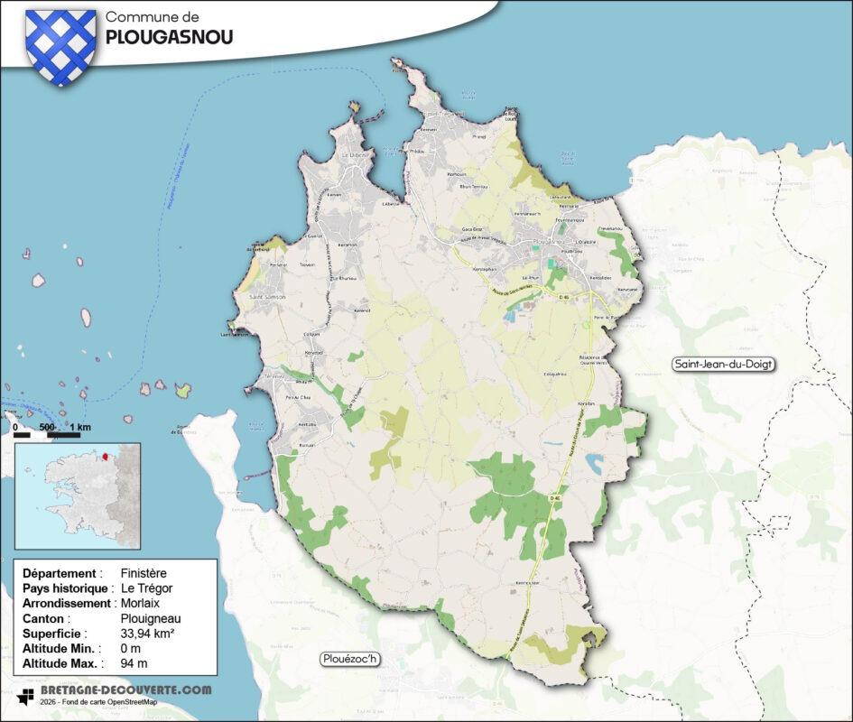 Carte de la commune de Plougasnou dans le Finistère.
