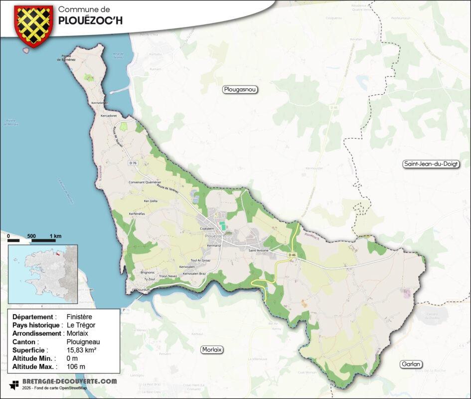 Carte de la commune de Plouézoc'h dans le Finistère.