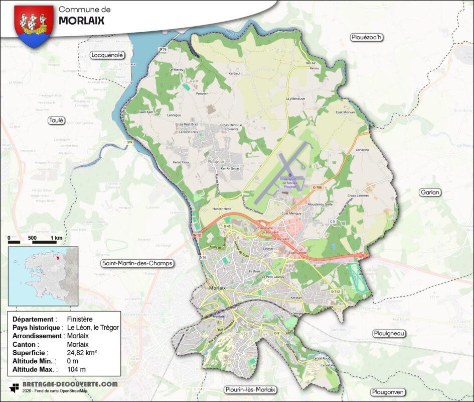 Carte de la commune de Morlaix dans le Finistère.
