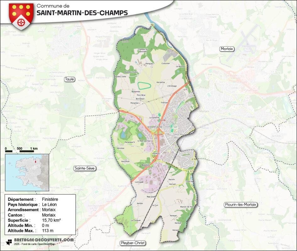 Carte de la commune de Saint-Martin-des-Champs dans le Finistère.