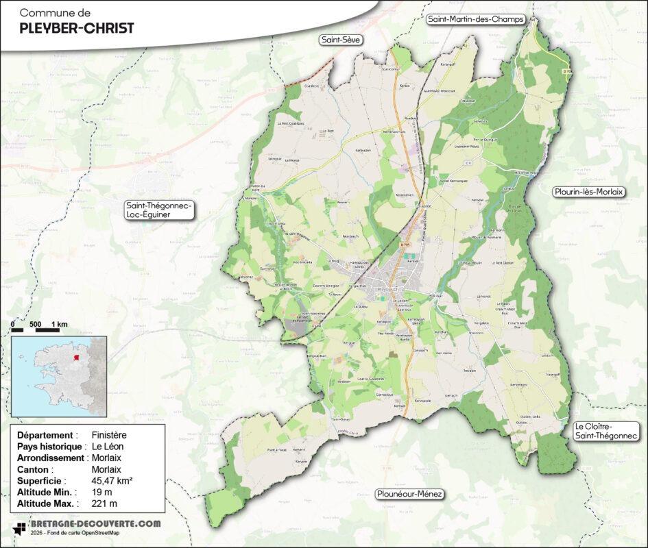Carte de la commune de Pleyber-Christ dans le Finistère.