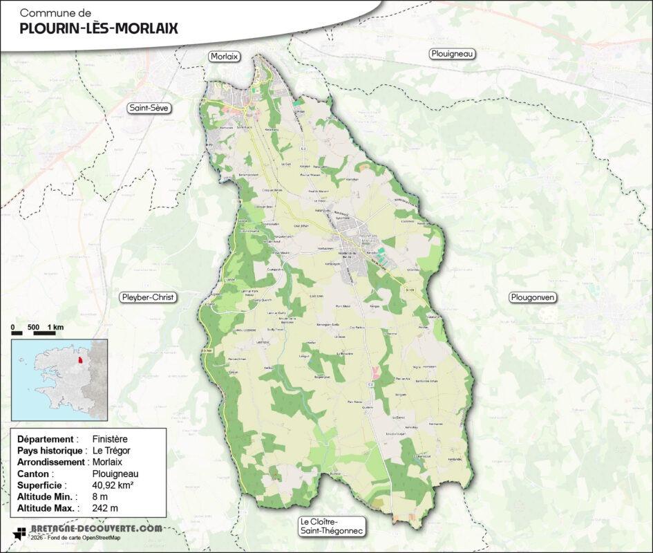 Carte de la commune de Plourin-lès-Morlaix dans le Finistère.