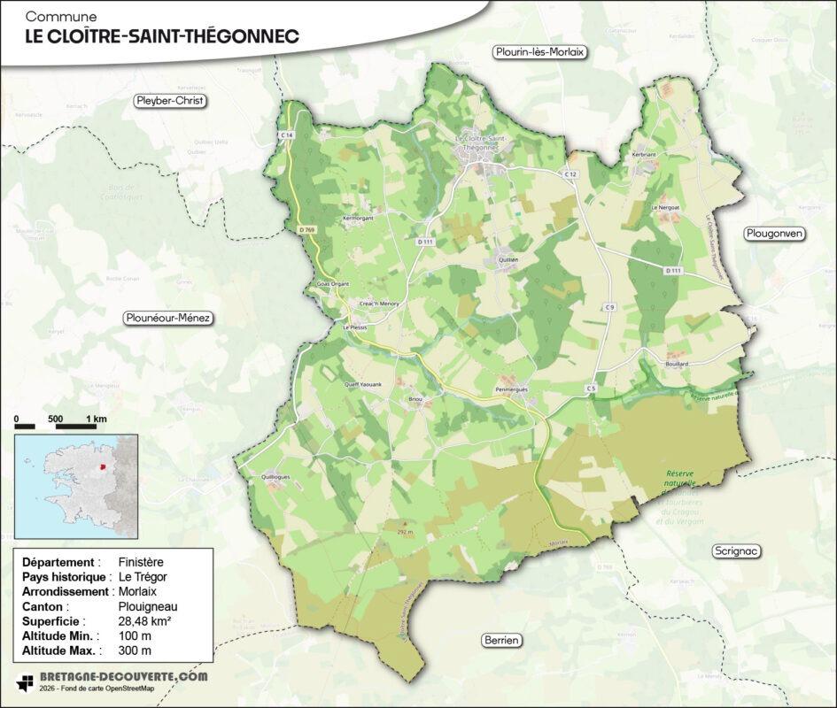 Carte de la commune de Le Cloître-Saint-Thégonnec dans le Finistère.