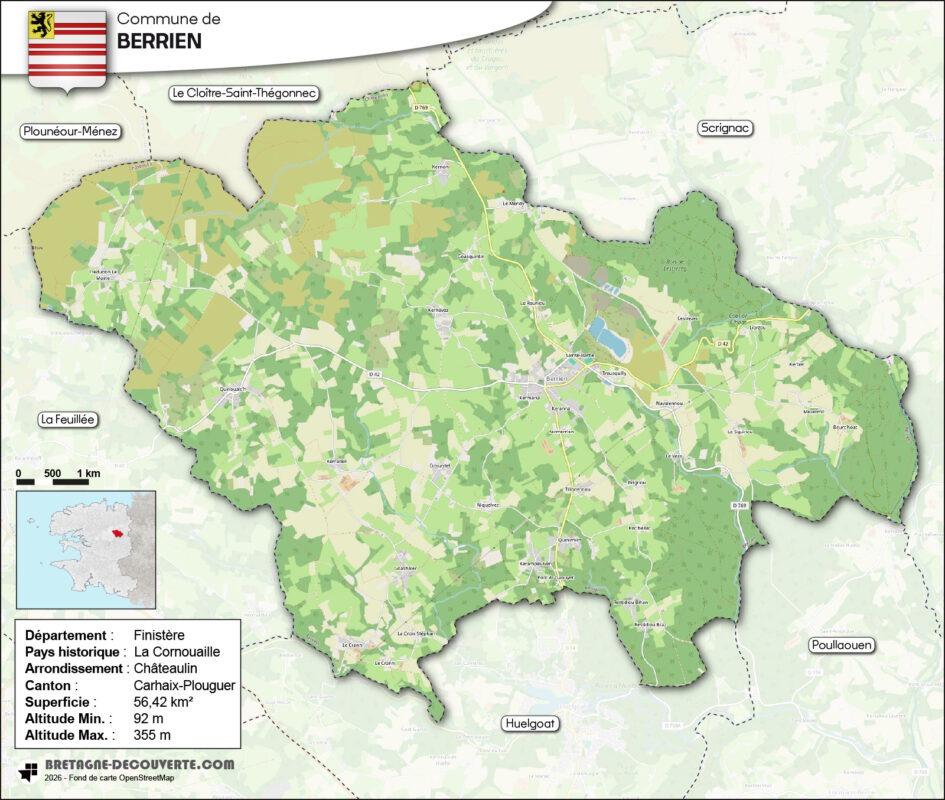 Carte de la commune de Berrien dans le Finistère.