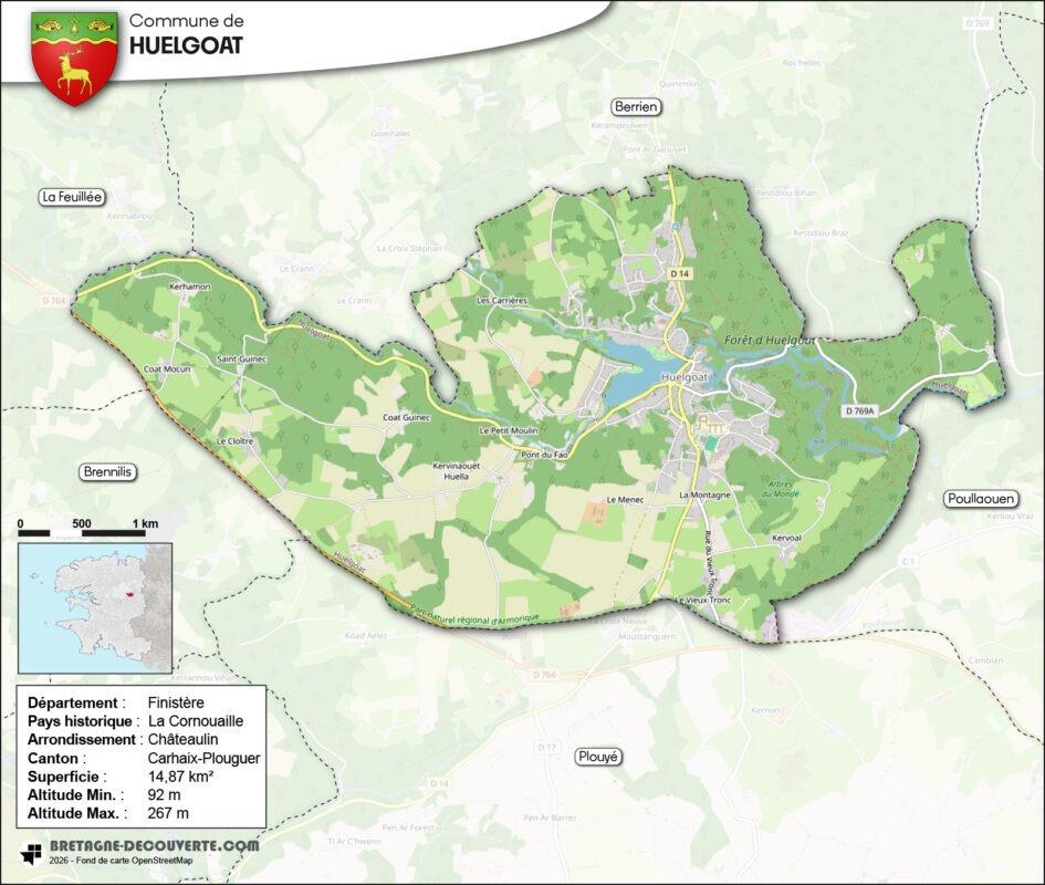 Carte de la commune de Huelgoat dans le Finistère.