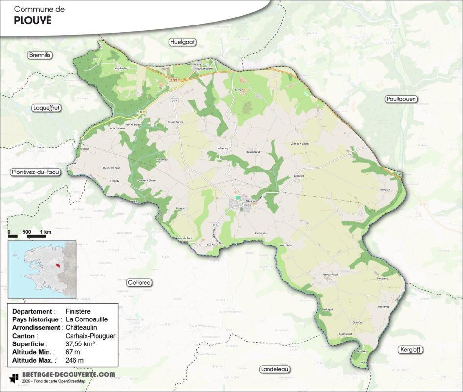 Carte de la commune de Plouyé dans le Finistère.