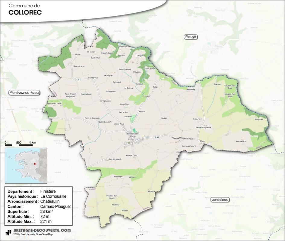 Carte de la commune de Collorec dans le Finistère.