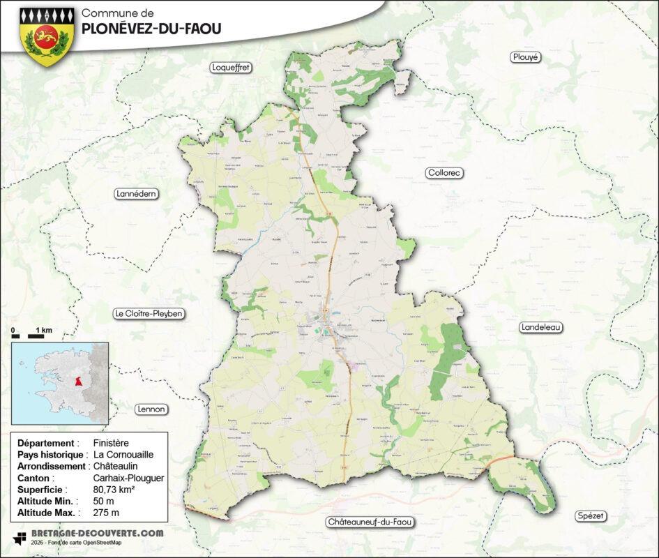 Carte de la commune de Plonévez-du-Faou dans le Finistère.