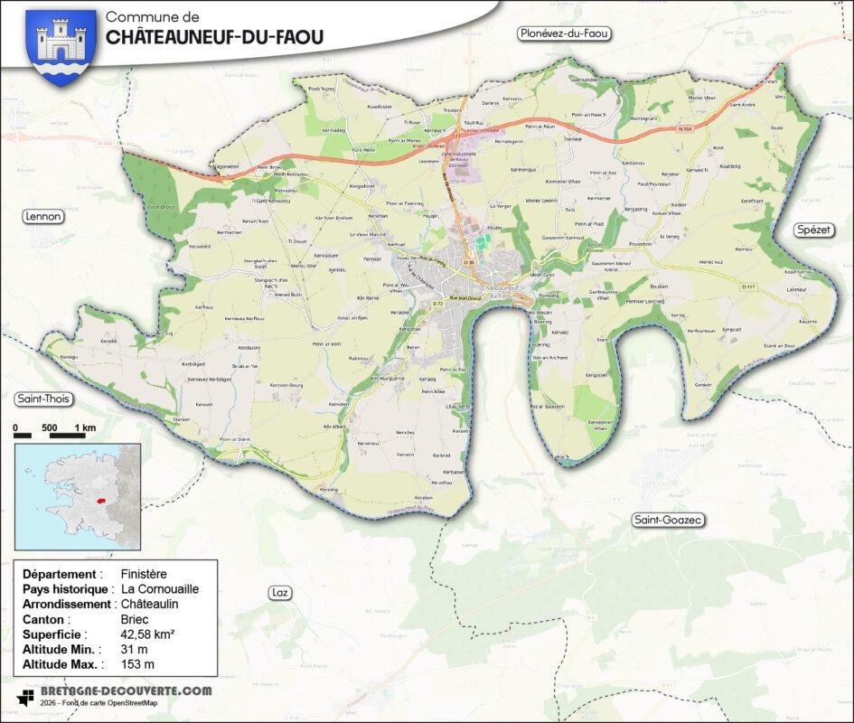 Carte de la commune de Châteauneuf-du-Faou dans le Finistère.