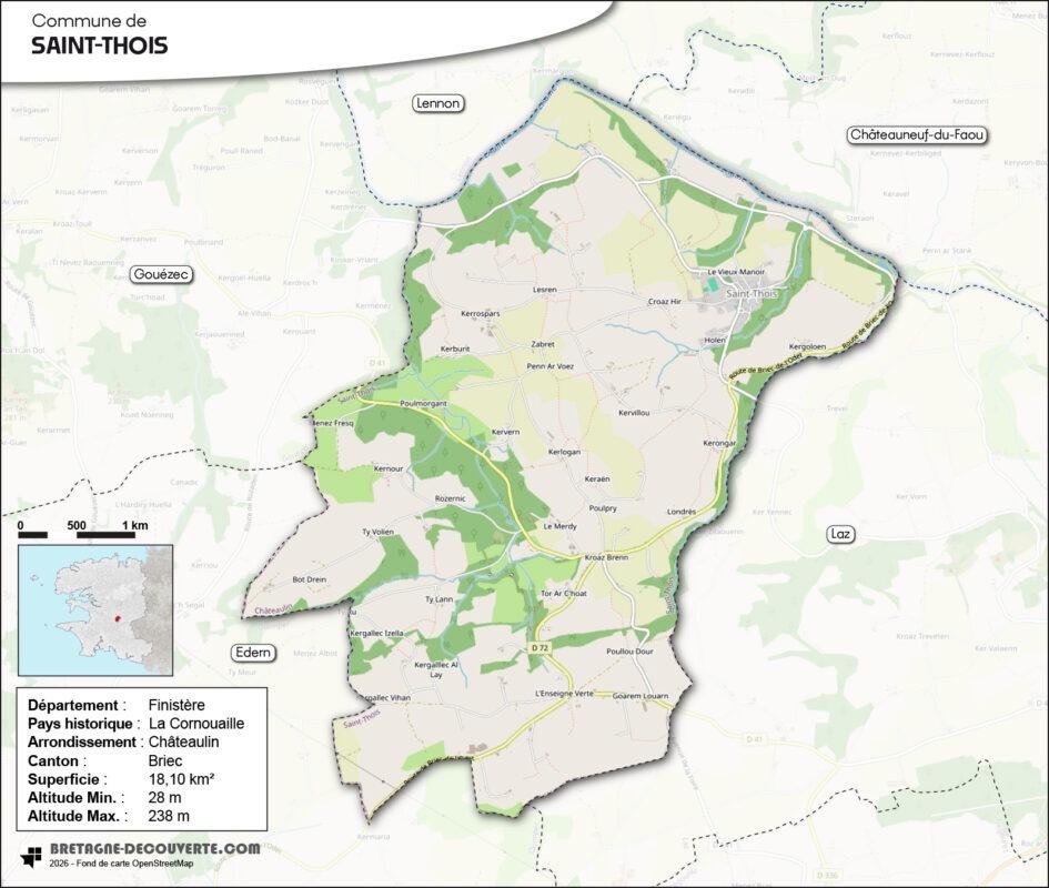 Carte de la commune de Saint-Thois dans le Finistère.