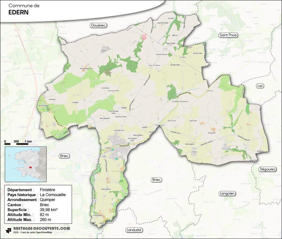 Carte de la commune d'Edern dans le Finistère.