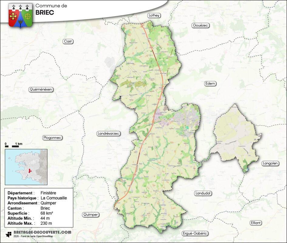 Carte de la commune de Briec dans le Finistère.