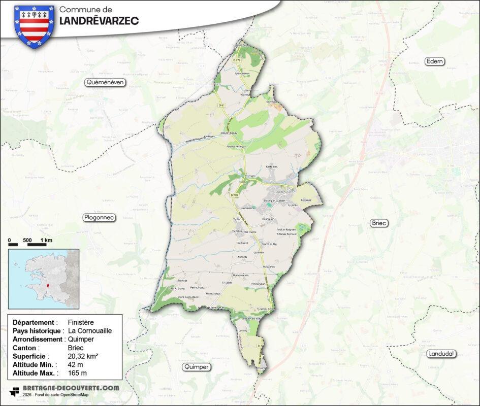 Carte de la commune de Landrévarzec dans le Finistère.
