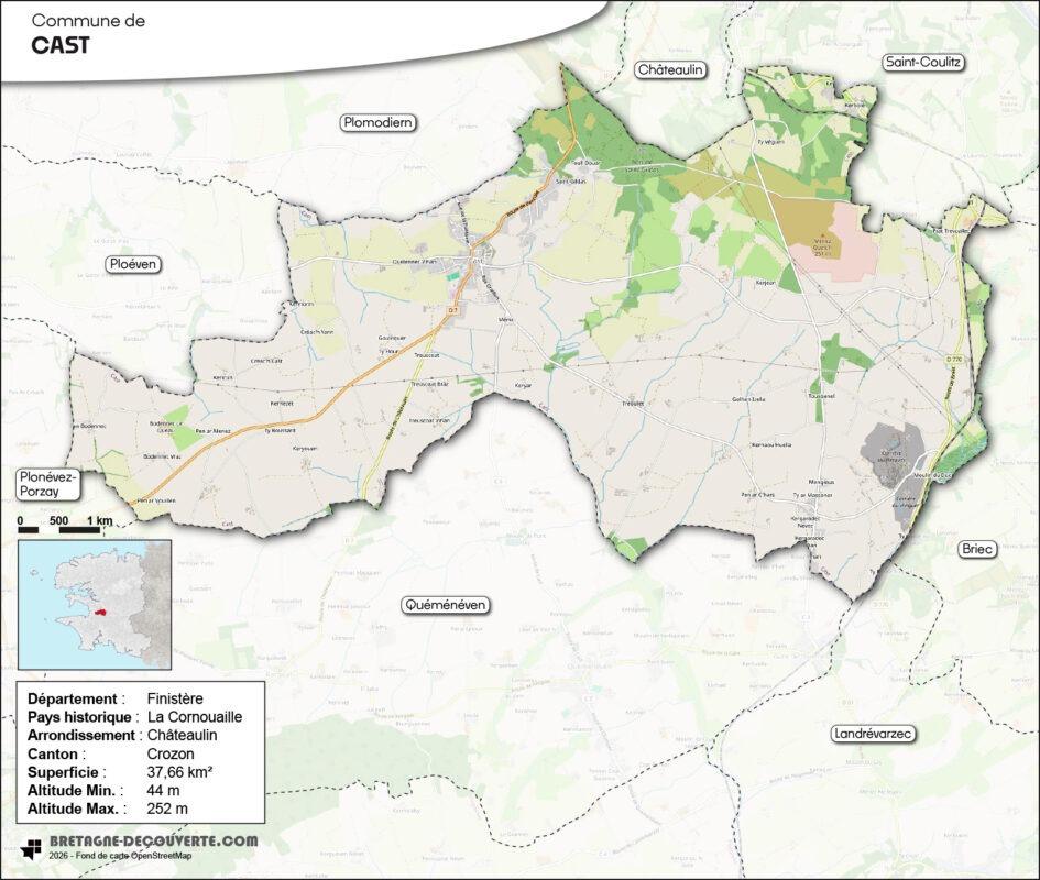 Carte de la commune de Cast dans le Finistère.