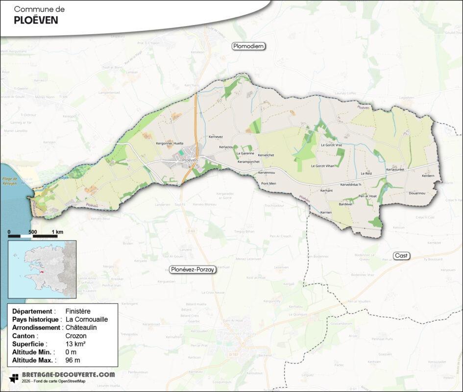 Carte de la commune de Ploéven dans le Finistère.