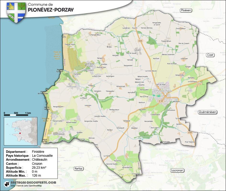 Carte de la commune de Plonévez-Porzay dans le Finistère.