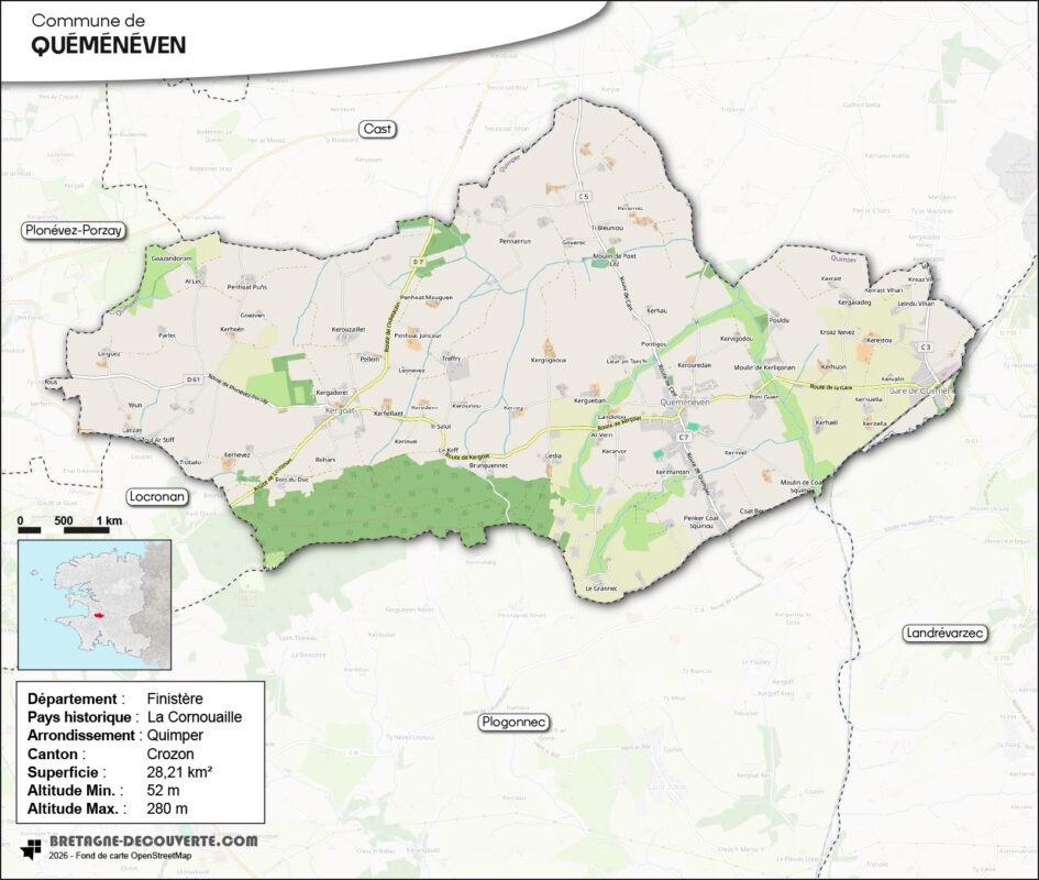 Carte de la commune de Quéménéven dans le Finistère.