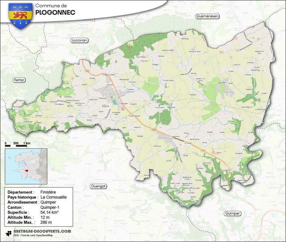 Carte de la commune de Plogonnec dans le Finistère.