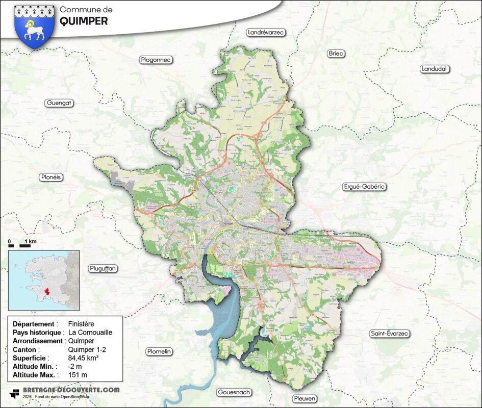 Carte de la commune de Quimper dans le Finistère.