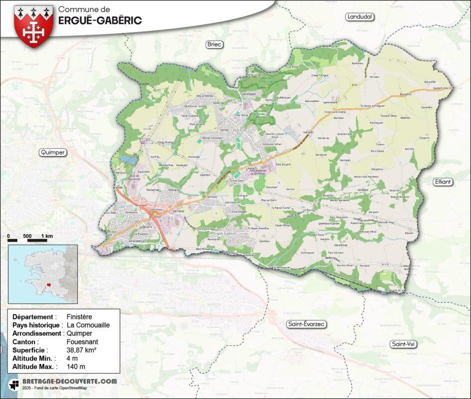 Carte de la commune d'Ergué-Gabéric dans le Finistère.