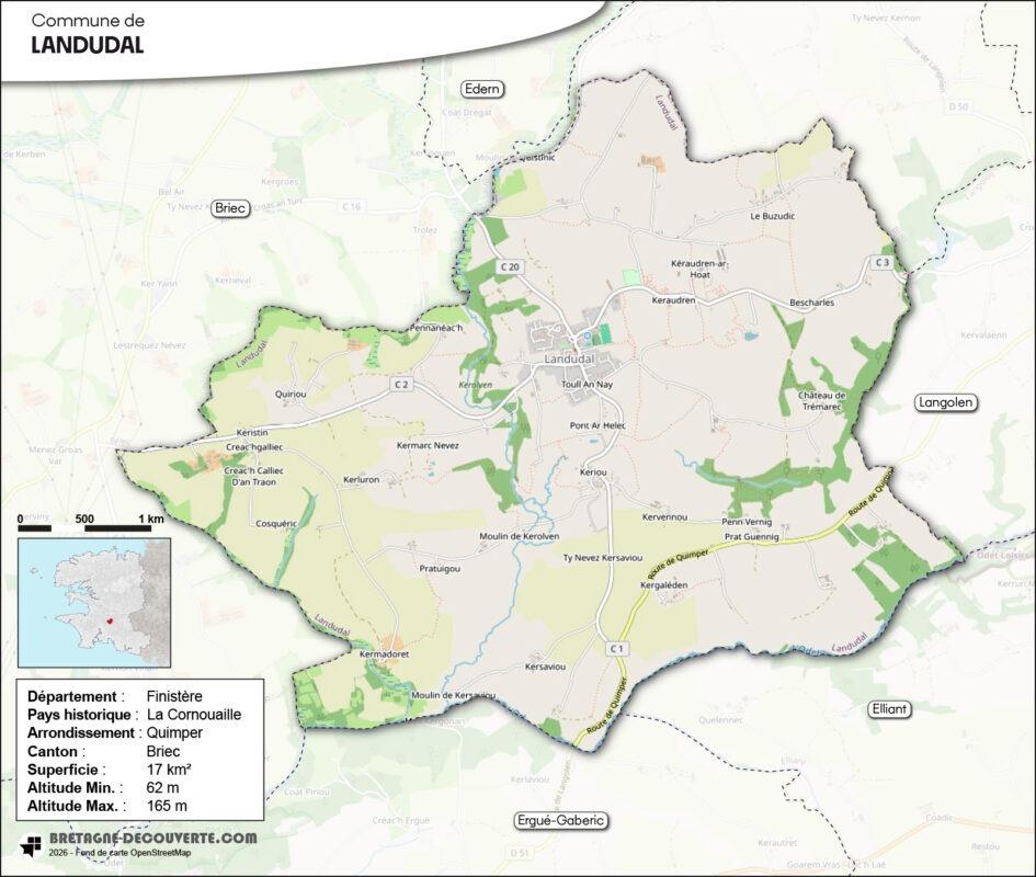 Carte de la commune de Landudal dans le Finistère.