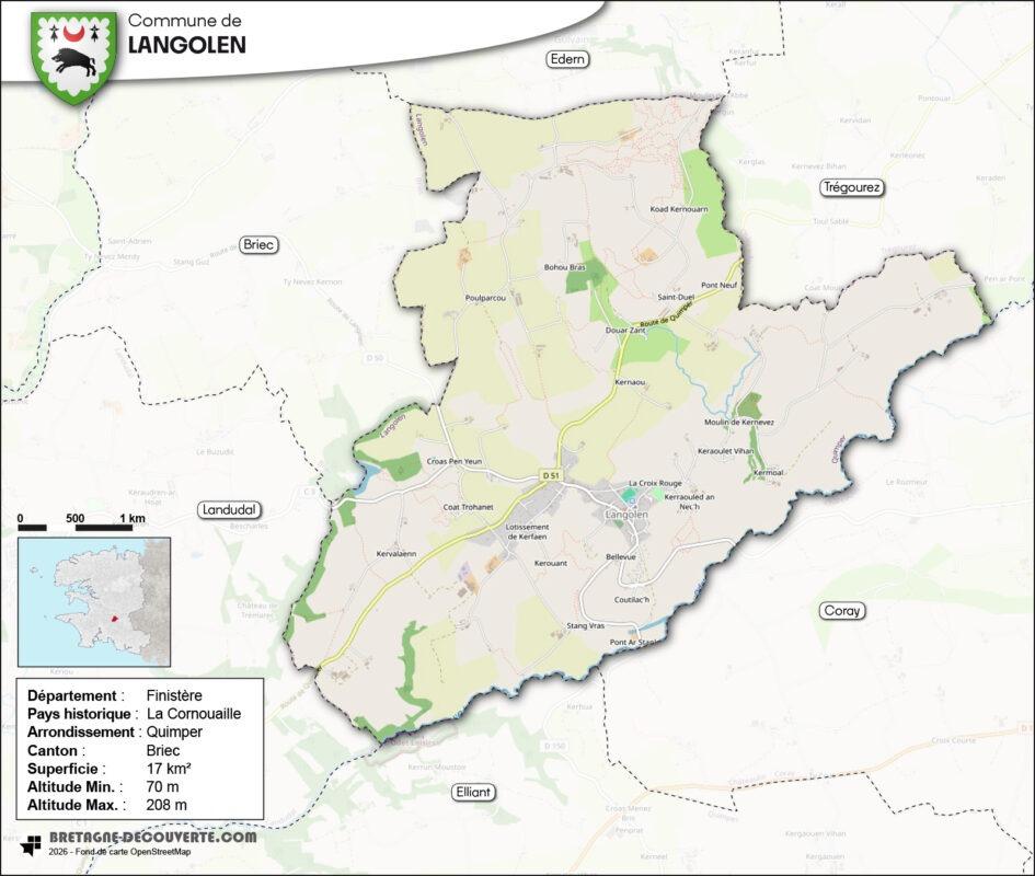 Carte de la commune de Langolen dans le Finistère.