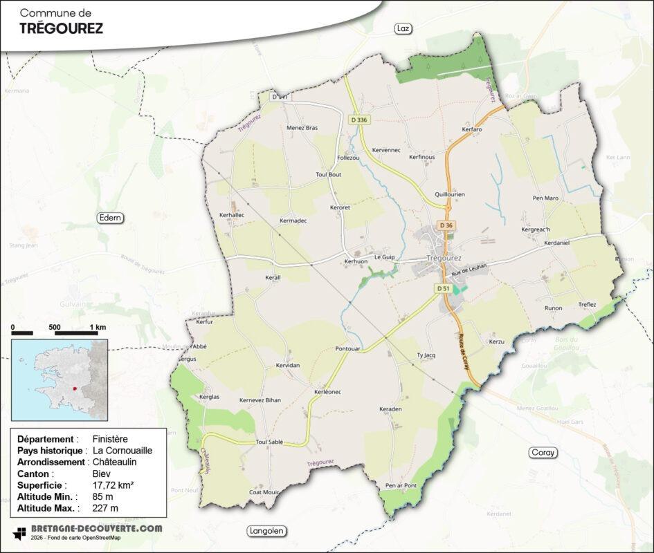 Carte de la commune de Trégourez dans le Finistère.