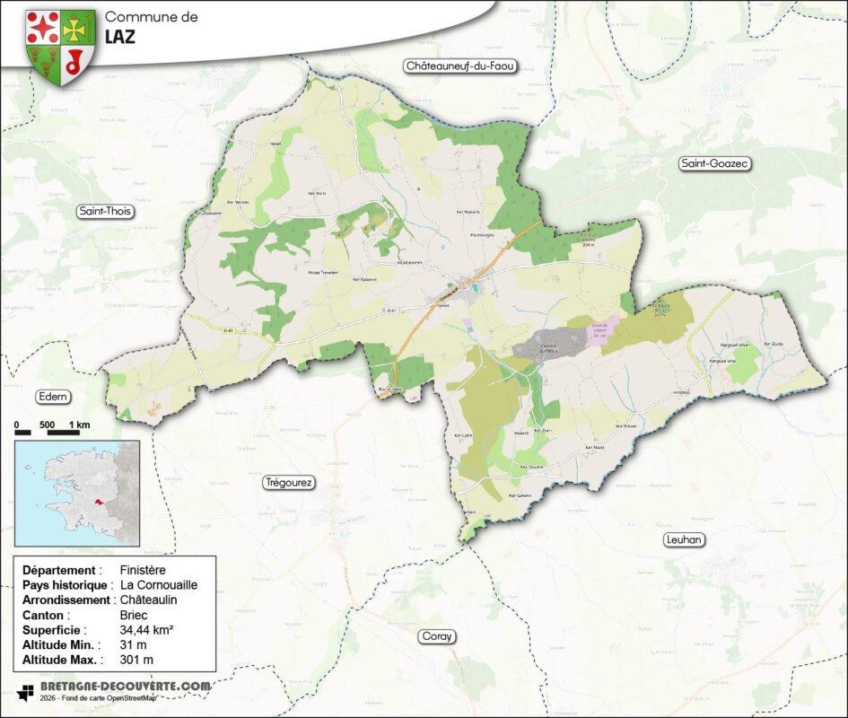 Carte de la commune de Laz dans le Finistère.