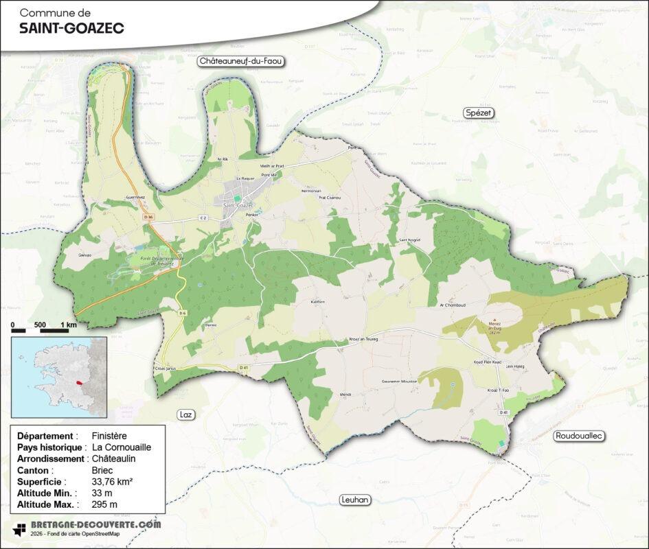 Carte de la commune de Saint-Goazec dans le Finistère.