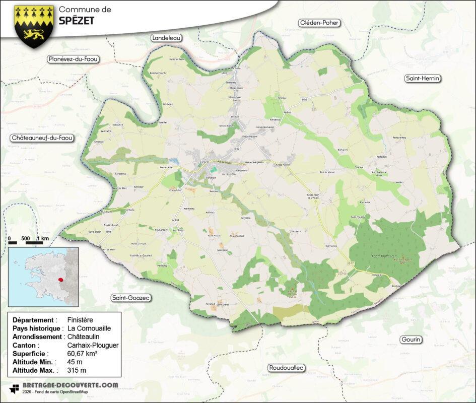 Carte de la commune de Spézet dans le Finistère.