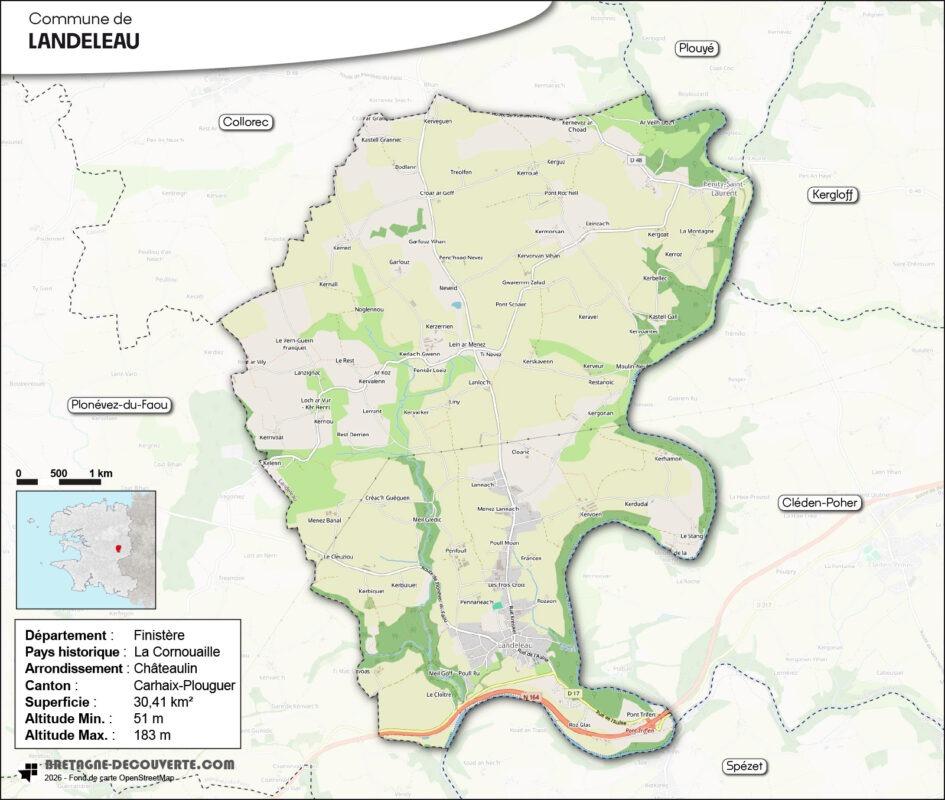 Carte de la commune de Landeleau dans le Finistère.