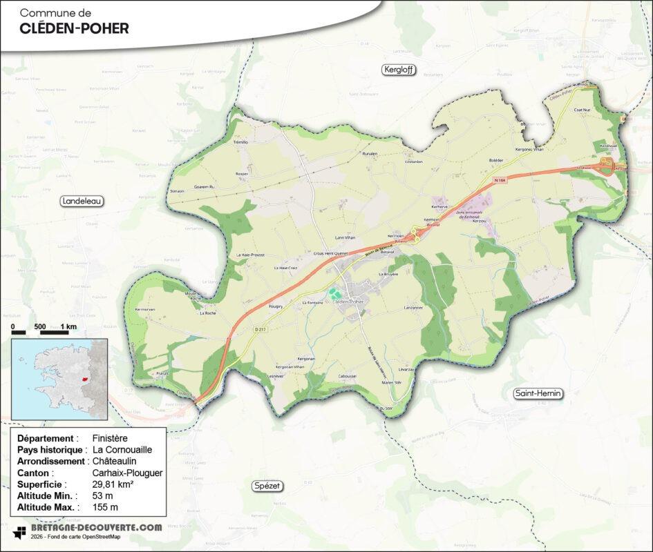 Carte de la commune de Cléden-Poher dans le Finistère.