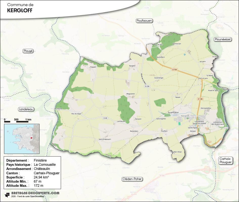 Carte de la commune de Kergloff dans le Finistère.