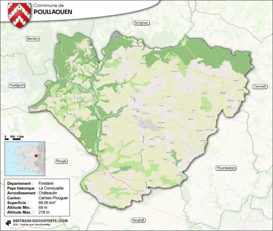 Carte de la commune de Poullaouen dans le Finistère.