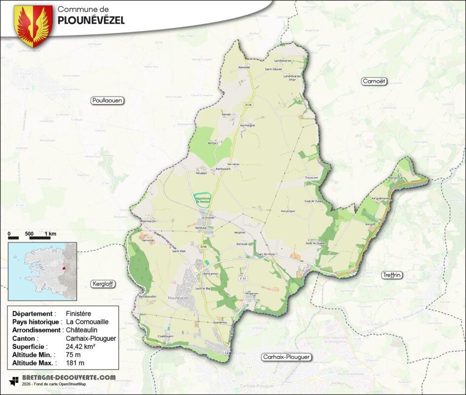 Carte de la commune de Plounévézel dans le Finistère.