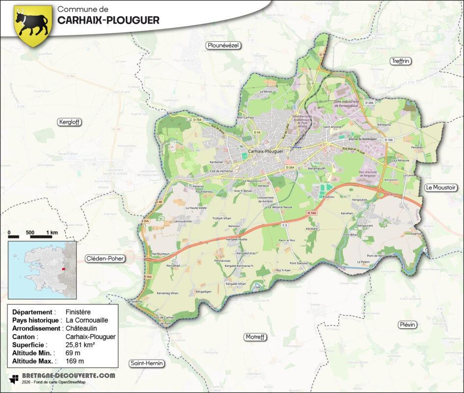 Carte de la commune de Carhaix-Plouguer dans le Finistère.