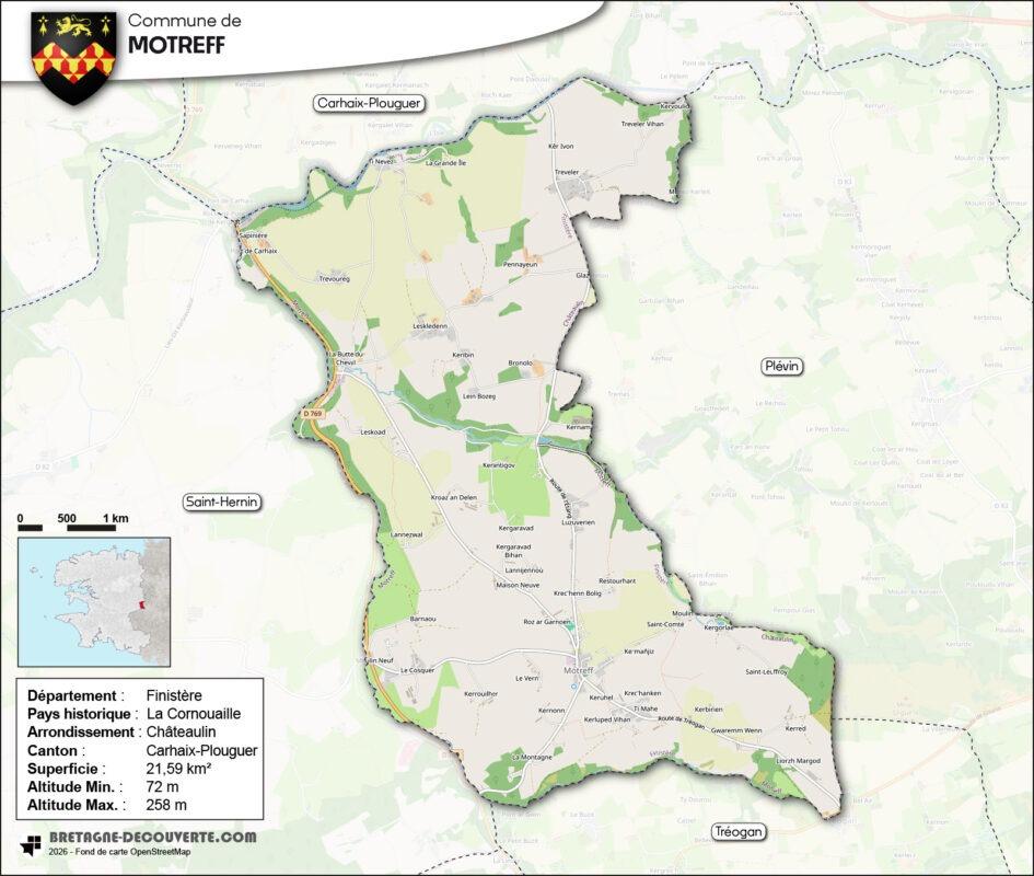Carte de la commune de Motreff dans le Finistère.
