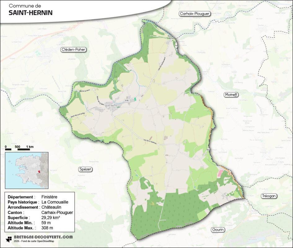 Carte de la commune de Saint-Hernin dans le Finistère.
