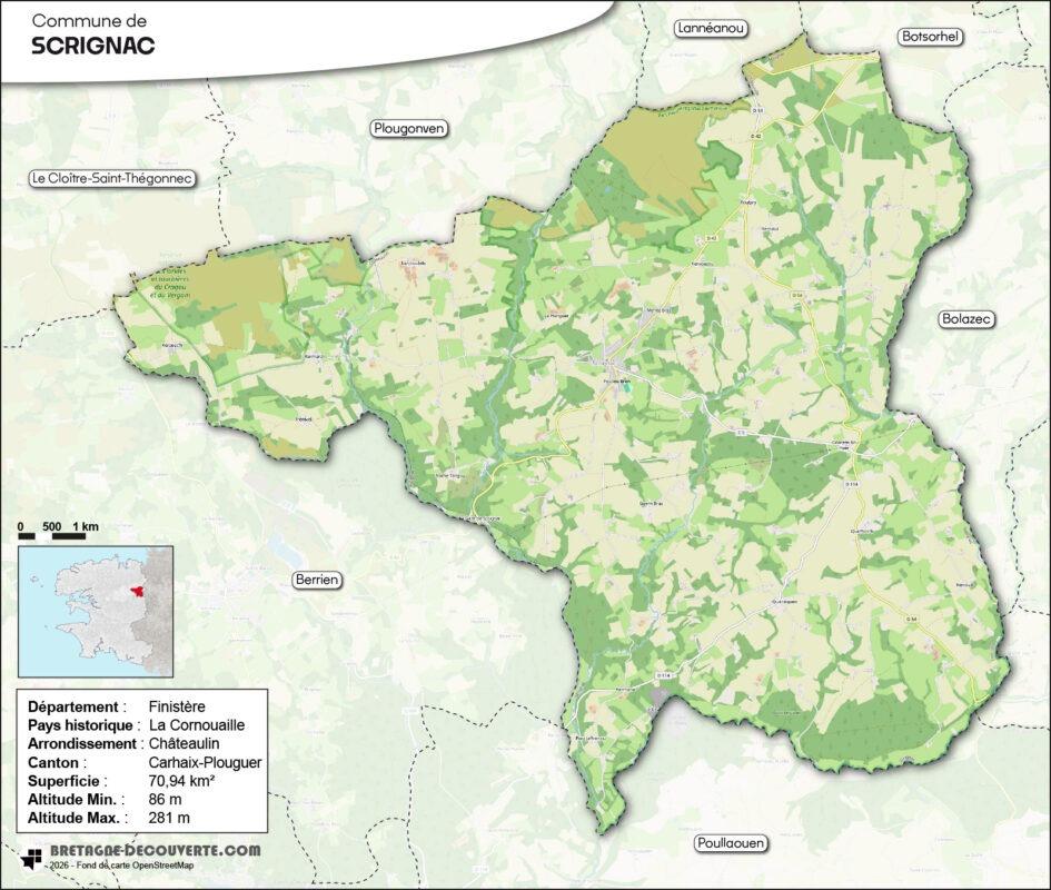 Carte de la commune de Scrignac dans le Finistère.