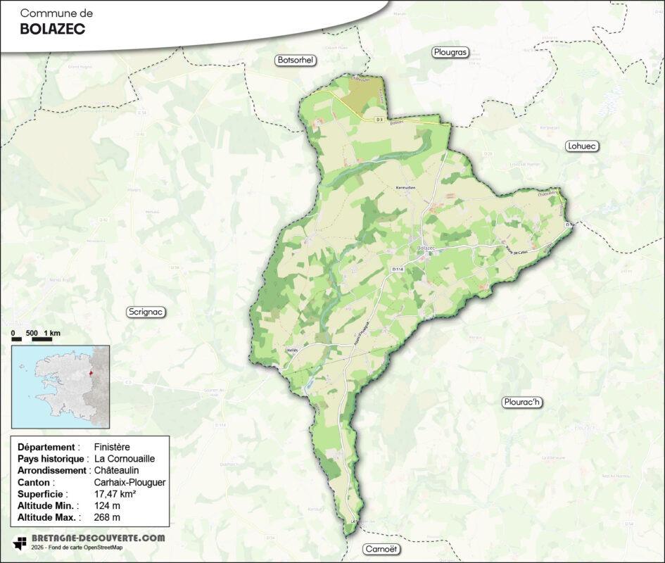 Carte de la commune de Bolazec dans le Finistère.