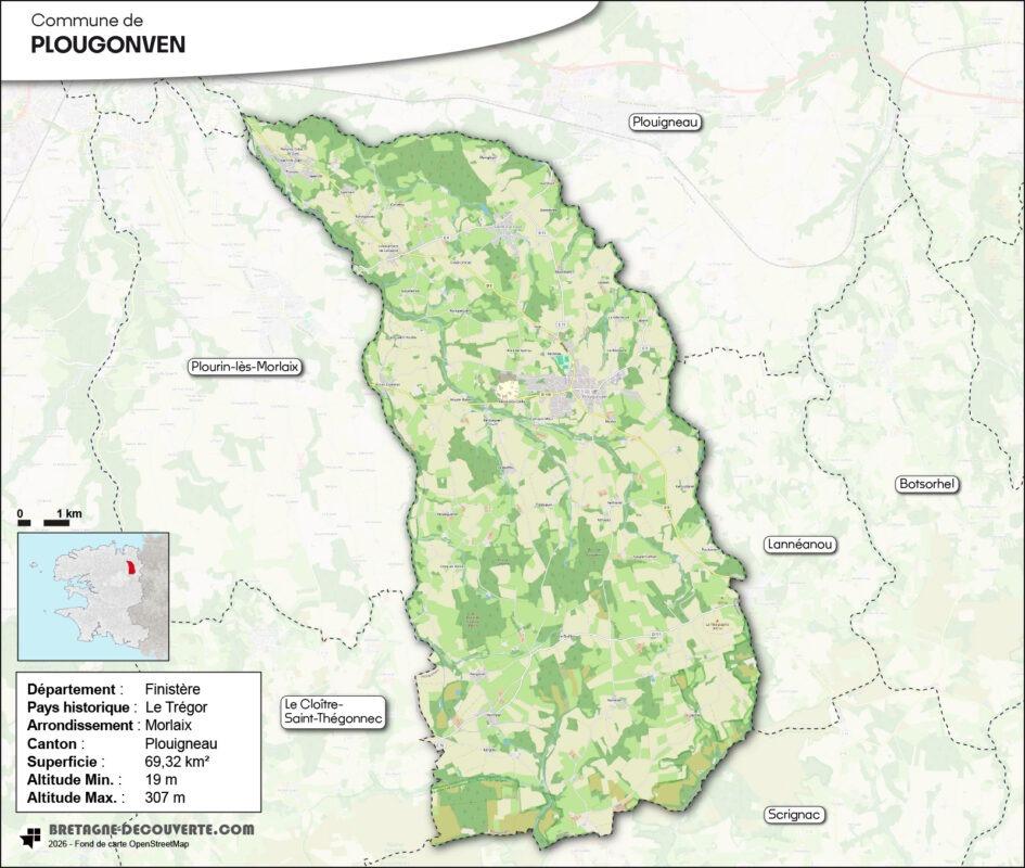 Carte de la commune de Plougonven dans le Finistère.