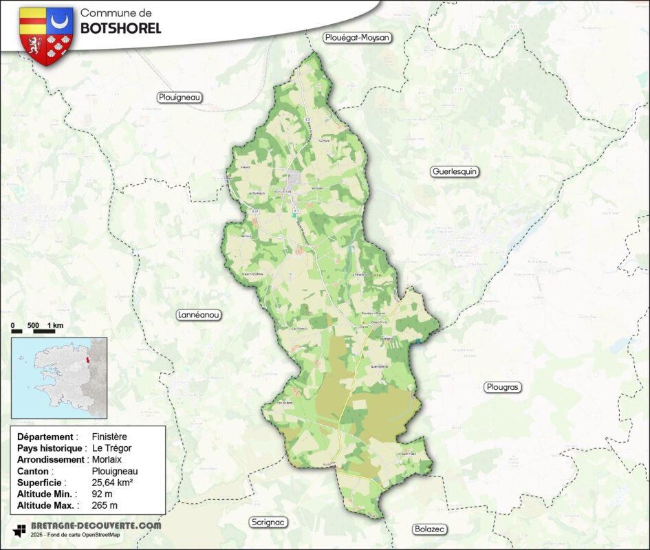 Carte de la commune de Botsorhel dans le Finistère.