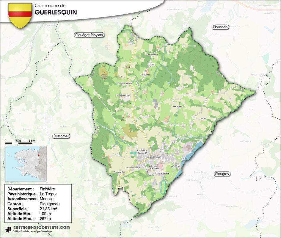 Carte de la commune de Guerlesquin dans le Finistère.