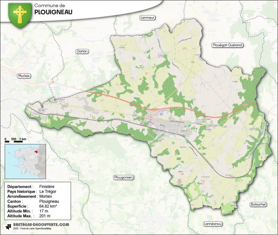 Carte de la commune de Plouigneau dans le Finistère.